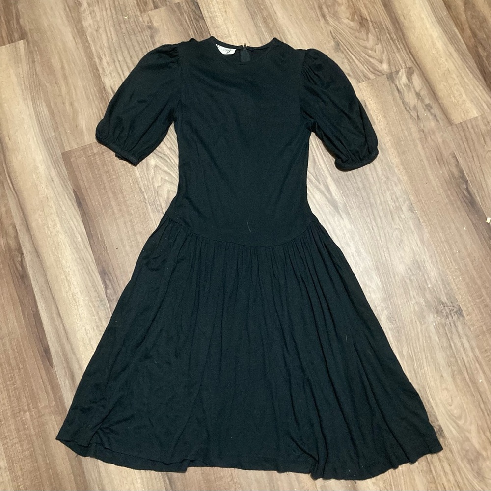 Y2K 80s Japanese Drop Waist Black Dress Puff Sleeve Goth Sz Large Cotton